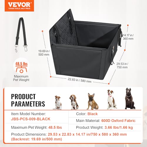VEVOR Autositz Hunde 75 x 58 x 50 cm, Hundeautositz mit Stützrahmen, Haustierautositz mit ansteckbarer Sicherheitsleine, Baumwollfüllung, Rücksitz für kleine mittele Hunde bis 22 kg, Schwarz