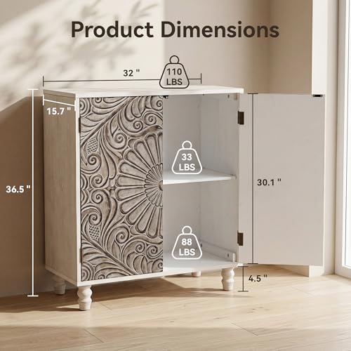 COSIEST Set of 2 32" Buffet Sideboard Cabinets with Storage, Accent Cabinet with Push-to-Open Doors, Vintage Flower Carved Pinewood Doors, Entryway Console for Living Room, Kitchen, Hallway, Gray - Image 3