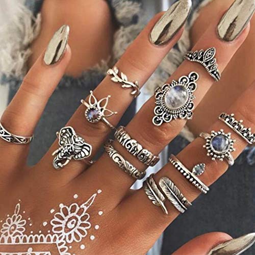 Twinklede Boho Finger Ring Set Silver Rhinestone Joint Knuckle Rings Hollow Carved Stackable Ring for Women and Girls (Silver 4)