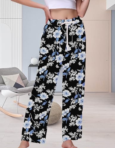 Image of Veseacky Women's Wide Leg Lounge Pants Yoga Pajamas Comfy Stretch Drawstring Pajamas Puls Size Dance Bottoms S-4XL
