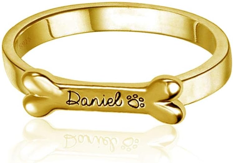 Personalized Nameplate 925 Silver Sterling Bone Shape Pet Dog Paw Custom Name Ring Jewelry Gold
