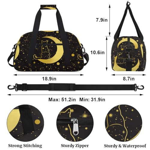 Kids Overnighter Duffel Bags for Boys Girls, Black Cat Moon Carry-On Size Sports Gym Bag for School Practice or Overnight Travel Weekender Sleepover Workout Tote Bag2