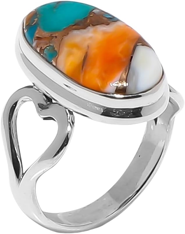 Natural Orange Spiny Oyster Turquoise Ring for Women 925 Sterling Silver Handmade Oval Gemstone Statement Boho Jewelry New Year Gift