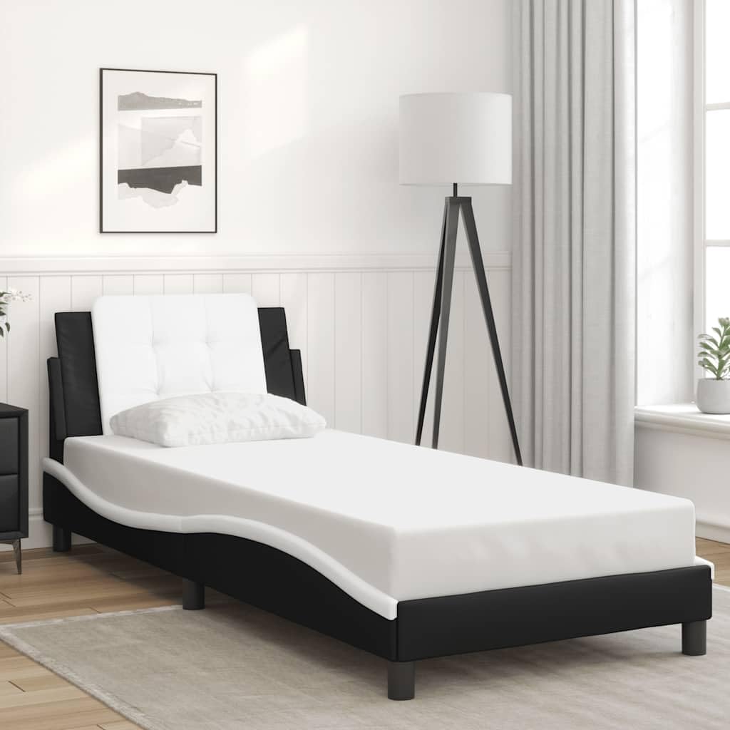vidaXL Twin Bed Frame - Black and White - Modern Faux Leather with Headboard Cushion - 39.4"x74.8"
