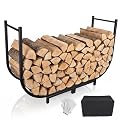Firewood Rack Outdoor w Thicken Cover, 40 Inch Indoor Large Firewood Rack-Stable Curved Firewood Storage Heavy Duty & Rustproof Metal Log Holder w Hook for X-mas Decoration or Tools Nearby Fireplace