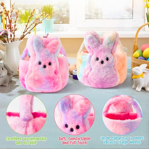 Image of 2Pcs Easter Fluffy Bunny Basket - Soft Plush Basket Hunting Egg Candy Reusable Tote Bags for Easter Spring Party Decorations Supplies Baby Shower - 11.8 x 9.8 inch