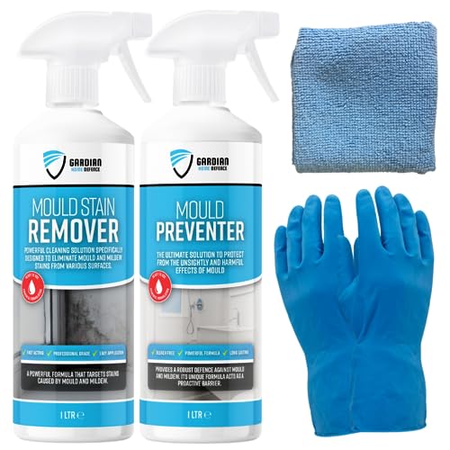 Gardian Mould Remover and Preventer Kit - Professional Anti Mould Spray Kit Includes: 1L Moulds and Mildew Remover Spray, 1L Moulds Preventer Sprays, Mould Cleaner Micro Fibre Cloth and Rubber Gloves