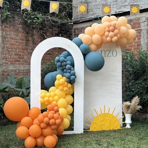 Image of HILAVO Retro Blue Yellow and Orange Balloons, 60PCS 12 Inch Slate Blue Burnt Orange Mustard Yellow Balloons for Here Comes the Son Baby Shower Kids Birthday Party Boho Party Decorations