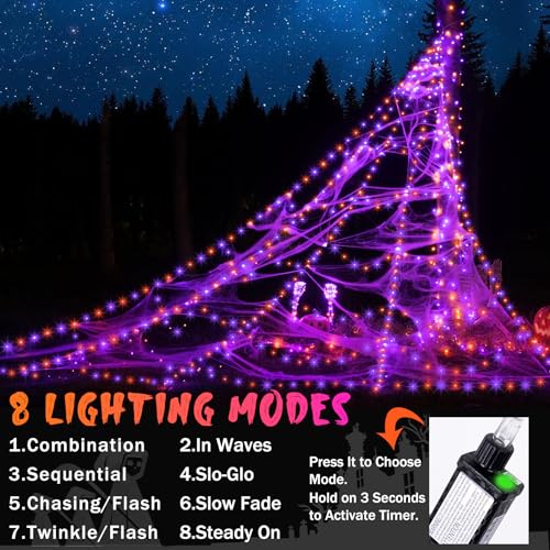 Halloween Spider Web Lights Decoration 455 LED Spider Webs Halloween Decorations Outdoor with 59" Large Spider & 3.53 oz Stretch Cobweb 16.4 Ft Light Up Giant Spider Web (Purple & Orange)4