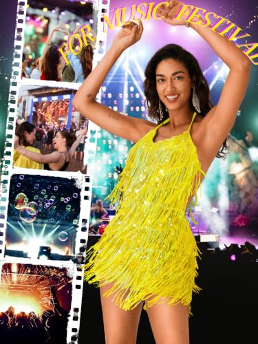 Image of Kaei&Shi Sequin Fringe Romper,Sparkly Glitter Metallic Jumpsuits For Women,Backless Shorts Dress Disco Birthday Dance Outfit
