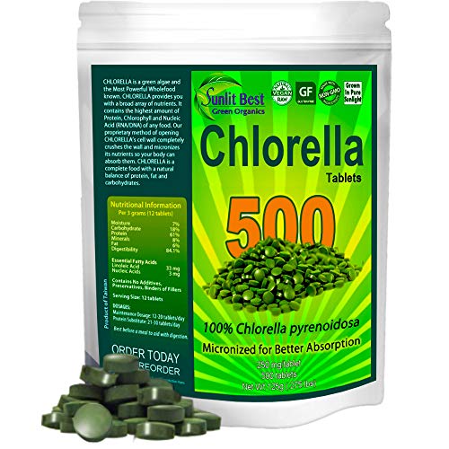 Chlorella Tablets Mega-Pack 500 Tablets Cracked Cell, Raw, Non-GMO. 100% Pure Chlorella Pyrensoidosa. Green Superfood. High Protein, Chlorophyll & Nucleic acids. No preservatives or fillers