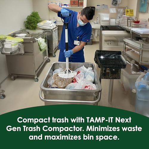 TAMP-IT Next Gen Manual Trash Compactor – Heavy Duty Smasher Tool for Kitchen, Dumpster, Outdoor Use, Garbage Recycling, Steel Ground Tamper, Trash Can Compactor Tool, 22 x 7.5 Inches, White, D-Handle