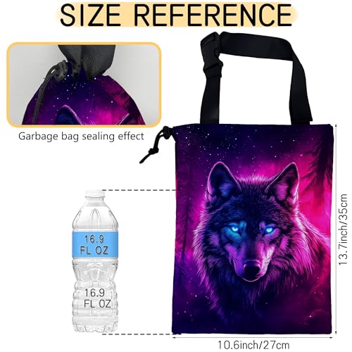 Image of Wolf Car Garbage Bag,Glowing Wolf on Starry Night Small Car Trash Bag Hanging,Drawstring Car Garbage Bag with Adjustable Buckle for Car Back Seat,SUVs,Camping,Road Trips
