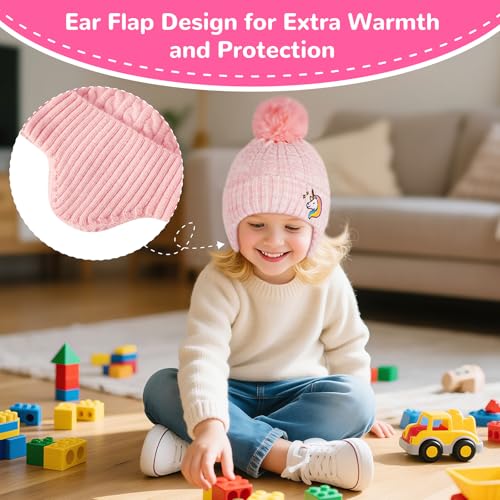 FENELY Girls Boys Winter Hat, Children's Warm Knitted Earflaps Beanie with Pom Pom Thicken Fleece Lining Cap for Kids2