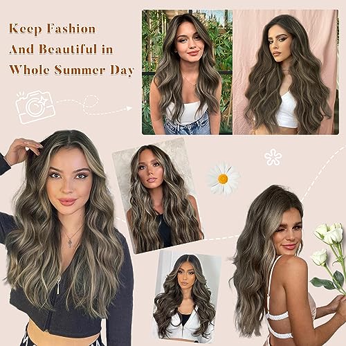 Vigorous Clip in Hair Extensions 20 Inch Walnut Brown Mixed Blonde for Women 4Pcs Synthetic Long Wavy Hair Extensions for Women