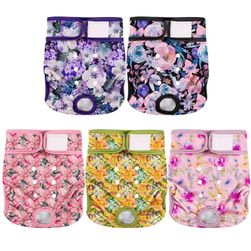 Image of wegreeco Female Dog Diapers, Washable Reusable Pet Puppy Doggie Diapers for Small Medium Large Female Dogs in Heat Period, Doggy Period Panties, 5 Pack, X-Large, Lilies Pattern