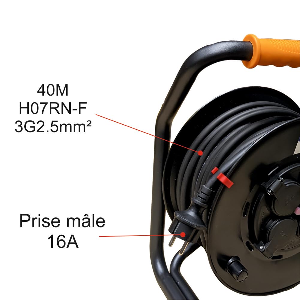 Enrouleur PRO de Chantier 3G2.5 40m IP44 Platine Fixe (Anti Twist) - Câble H07RN-F - 4 Prises 16A