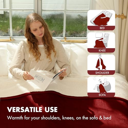 Electric Heated Throw Blanket 50" x 60" - Soft Flannel Sherpa Electric Heated Blanket with 5 Heating Levels & 4 Hours Auto Off, Heating Blanket as a Gift for Grandma, Machine Washable (Red)
