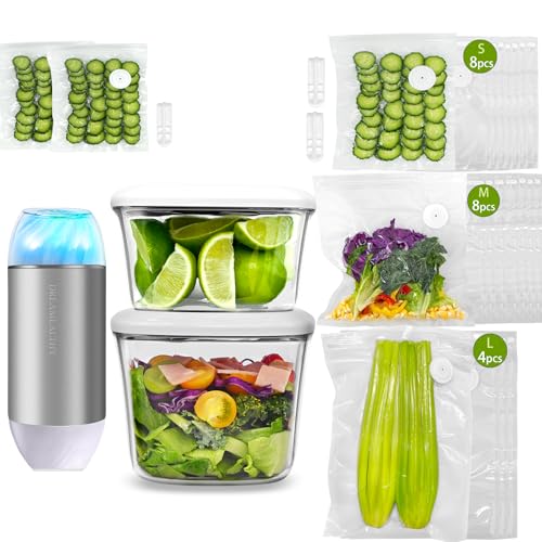 Image of DREAMEALTHY Bundle 1L+1.5L Vacuum Seal Containers with Compact Handheld Vacuum Sealer, 2 Sous Vide Bags. 20 Reusable Vacuum Sealer Bags(8 Small, 8 Medium, 4 Large)