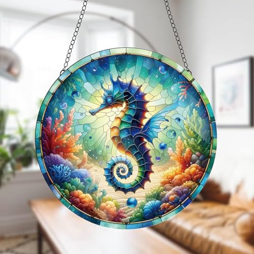 Large Acrylic Stained Glass Style Round Window Hanging Decor - Seahorse & Underwater Scene Design, Ideal for Home Decoration for Mom, Grandma, Teacher & Ocean Lovers