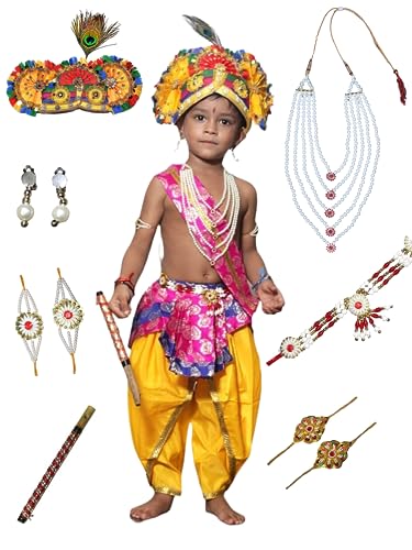 Image of Kaku Fancy Dresses Krishna Costume With Dhoti For Boy /Janmashtami /Bal Gopal Dress /Kanha Costume /Bal Krishna /Mythological Costume For Boy - Yellow-Red, 1-2 Years