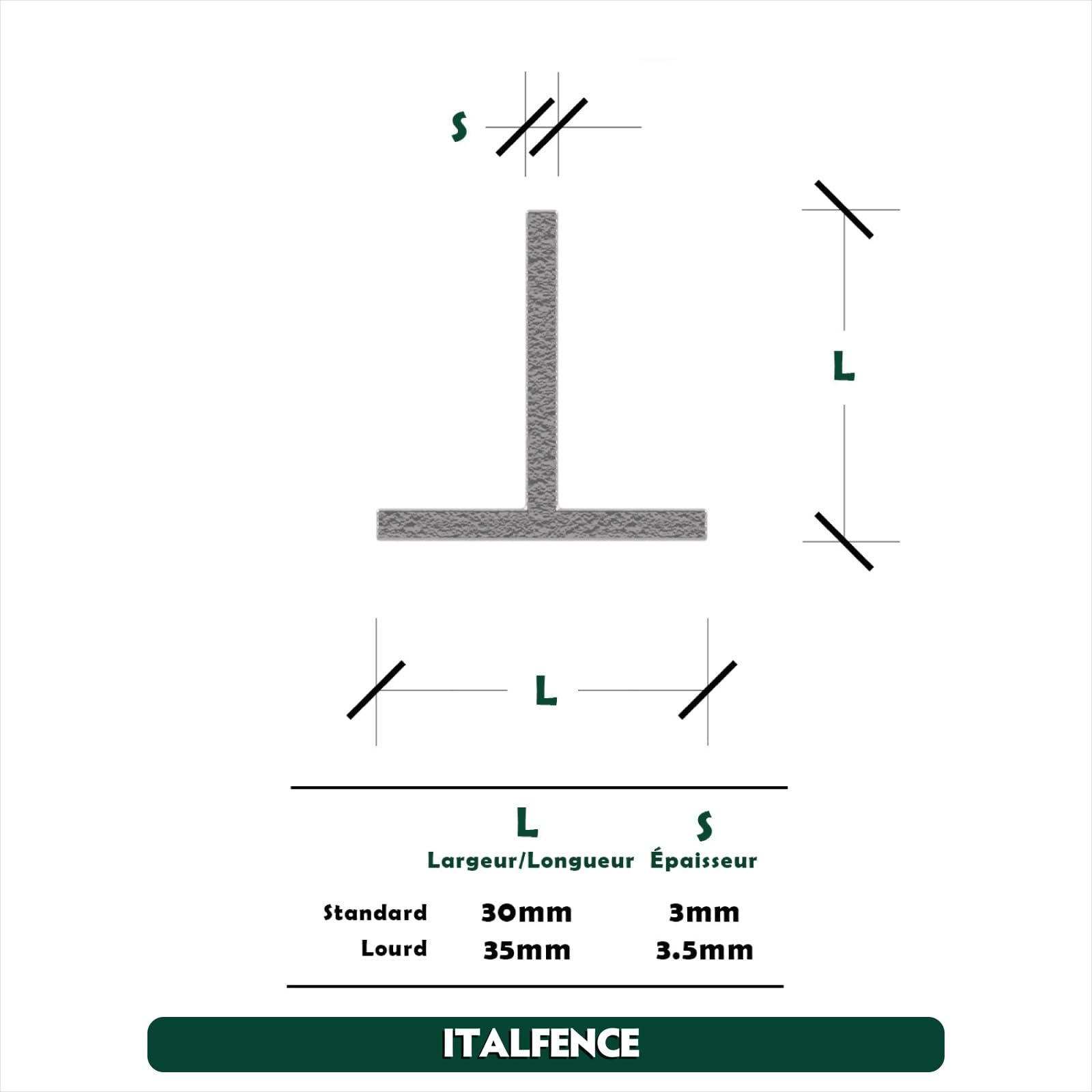 Piquet T H125cm 30x30x3mm pour clôture en fer galvanisé [10 pièces]