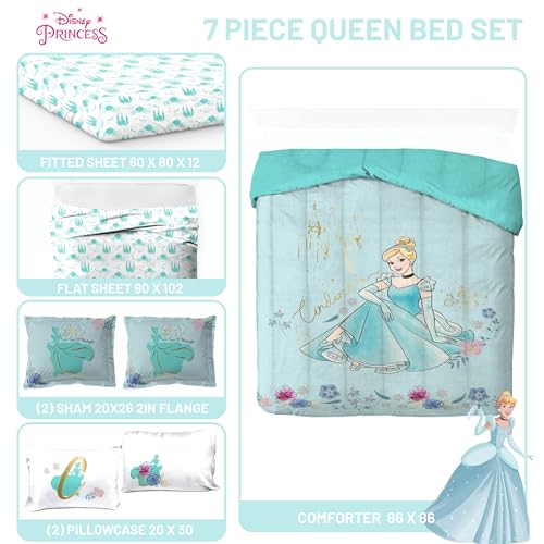 Image of Disney Princess Cinderella Queen Comforter Set 7 Piece Kids Bedding, Blue | Bed in a Bag, Comforter Sheets Shams Pillowcases, Official Product, Soft Microfiber, Machine Washable, Girls Gift