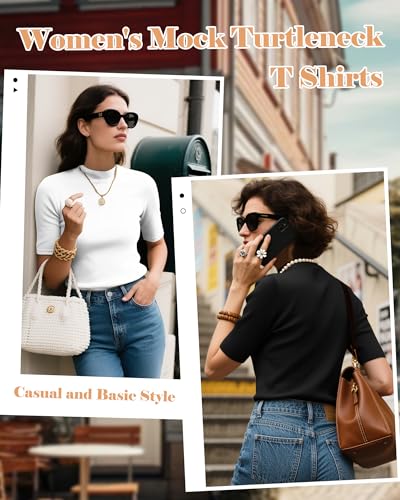 Ficerd 2 Pack Women's Mock Turtleneck T Shirts, Half Sleeve Business Casual Tunic Tops Slim Fit Summer Basic Dressy Tee Shirt3