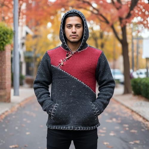 Image of Shopoholic Fashion Men Cross Zipped Patchwork Fleece Lined Long Sleeve Boho Hippie Hoodie Woollen Jacket