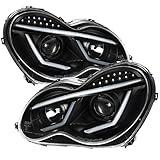 Carpartsinnovate Fits 01-07 Benz W203 C-Class Black Projector Headlights Head Lamps+LED DRL & Signal