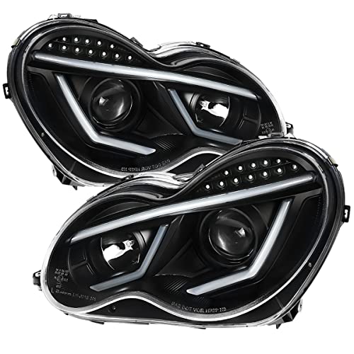 Carpartsinnovate Fits 01-07 Benz W203 C-Class Black Projector Headlights Head Lamps+LED DRL & Signal