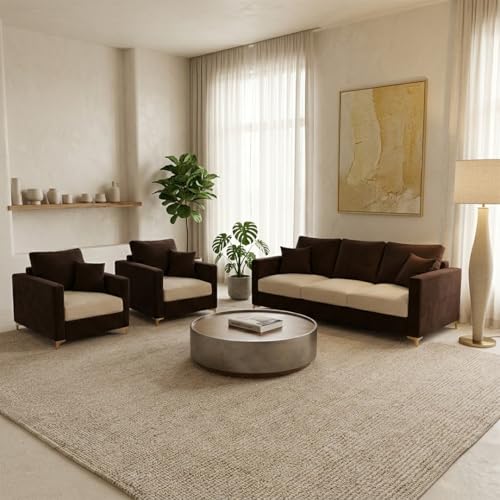 Image of Hayes Dual Tone Rich Velvet Suede 3+1+1 Seater Sofa Set | Golden Aesthetic Legs | Soft Touch Comfort Seating | 5 Person Seating | Modern Living Room Set (Dark Brown & Cream)