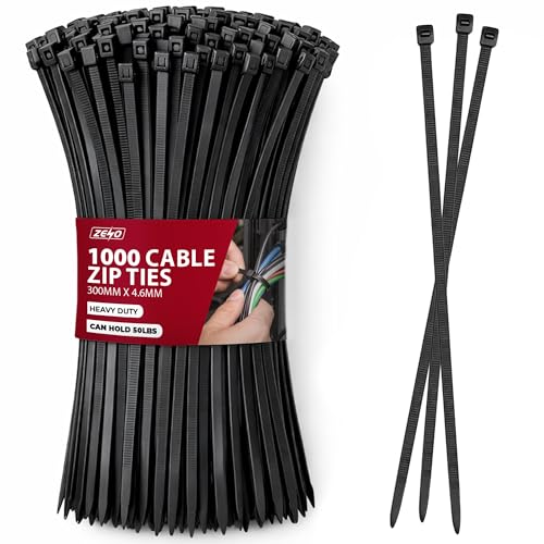 Image of ZENO Cable Ties Black 1000 Pack | Heavy Duty Zip Ties with 50lb Holding Strength | Self Locking Nylon Tie Wraps for Home Office Garden and Electrical Use | Black Cable Ties 300mm x 4.6mm