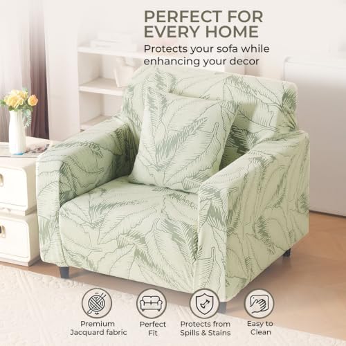 Image of HOKIPO Leaf & Loom Stretch Sofa Cover 1 Seater, Creamish Pale Green