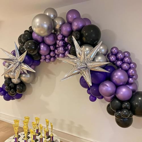 Image of 70pcs 12 inch Purple Black Metallic Silver Latex Balloons with Purple Confetti for Halloween Birthday Anniversary Wednesday Graduation Party Decorations