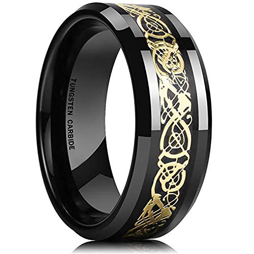 BAVAHA King Will Dragon 8mm Mens Celtic Dragon Tungsten Carbide Wedding Band Ring Black/Gold/Rose Gold/Blue/Opal/Green(10.5,Black&Gold)
