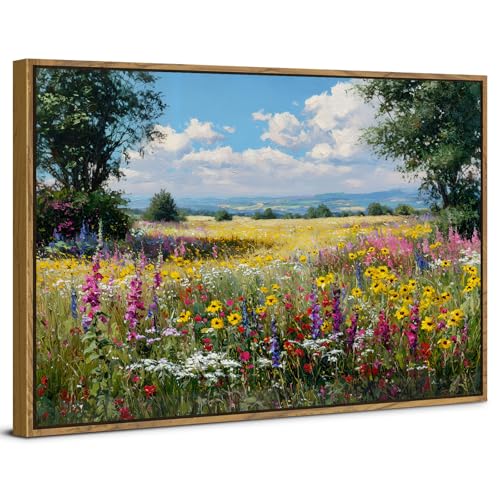 Wildflower Meadow Landscape Wall Art Framed Canvas Colorful Floral Field