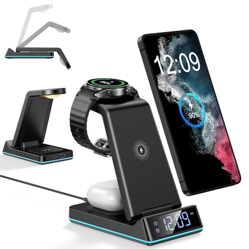 Wireless Charger for Samsung,7 in 1 Wireless Charging Station Foldable Fast Charger Stand with Night Light/Alarm Clock for Samsung Galaxy S26/S25/S24/S23/Galaxy Watch Galaxy Buds Gifts for Fathers Day
