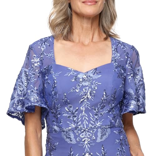 Image of Alex Evenings Womens Long Embroidered Mother of the Bride Dress with Sweetheart Neckline and Flutter Sleeves