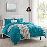 Nestl Teal Duvet Cover Queen Size - Pintuck Queen Duvet Cover Set, 3 Piece Double Brushed Duvet Covers with Button Closure, 1 Pinch Pleated Duvet Cover 90x90 inches and 2 Pillow Shams