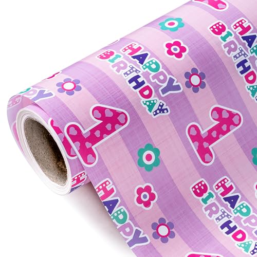 WRAPAHOLIC 1st Birthday Wrapping Paper - Mini Roll - 17 Inch x 9.8 Feet - Pink Floral and Happy Birthday Wrapping Paper for Girls, Baby Shower, Party, Holiday