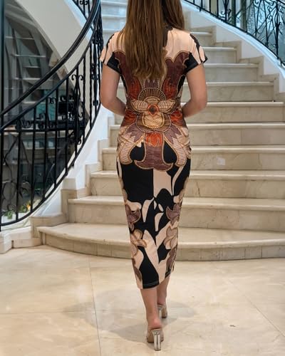 Image of CHICME Summer Dresses for Women Floral Print Plunge V Neck Midi Dress Casual Ruched Slit Bodycon Party Dress