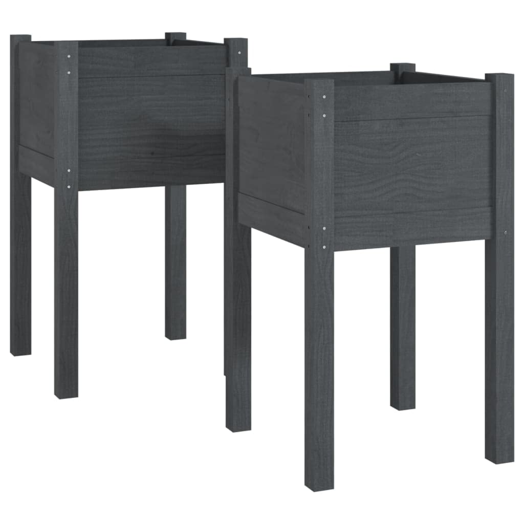 Vidaxl Grey 2X Solid Pinewood Garden Planters Outdoor Patio Terrace Backyard Wooden Raised Bed Flower Box Planter Stand Vegetable Herb Bed