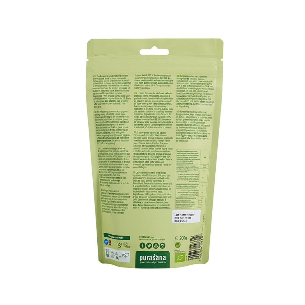 Purasana® Poudre de Jus d'Herbe d'Orge Bio - 200g, Superaliment Végétal pour Boissons et Smoothies, Source de Nutriments Essentiels, Vegan & Certifié Bio