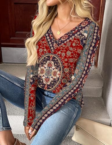 Zeagoo Cute Business Casual Tops for Women Long Sleeve Tunic V Neck Boho Floral Work Tee Shirts