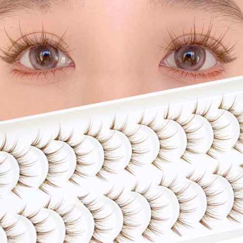 Image of MAYCREATE 10 Pairs Brown Lashes Natural Light Brown False Eyelashes Clear Band Faux 3D Mink False Eyelashes Natural Looking Fluffy Cat Eye Wispy Strip Lashes