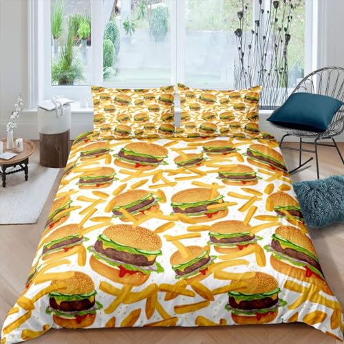 Funda Nordica Cama 90 Hamburguesas Funda Nórdica Edredon Tema de Comida Fundas Nórdicas 150x200 Microfibra Suave Ropa de Cama con Cremallera y 2 Fundas de Almohada 50x75 O.555