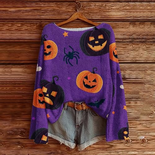Women's Halloween Pumpkin Print Long Sleeve Knit Top, Fall Halloween Vintage Crew Neck Sweater2