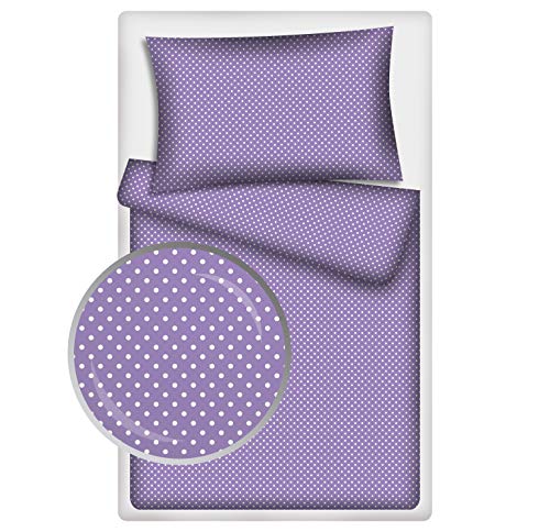 KiGATEX Kinderbettwäsche Pünktchen 2-TLG. 100% Baumwolle 40x60 + 100x135 cm mit Reißverschluss (lila-Weiss)