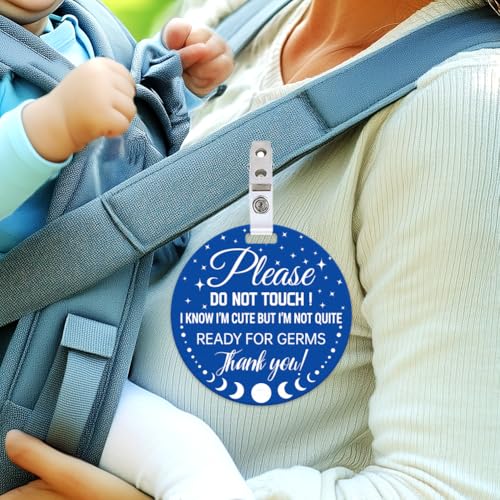 Image of 2 Pack Blue Moon and Star No Touching Signs Stop No Touching Safety Sign for Family PVC Seat Signs-Stroller Tag with Hanging Strap and Clip for Car Accessories 5 Inches